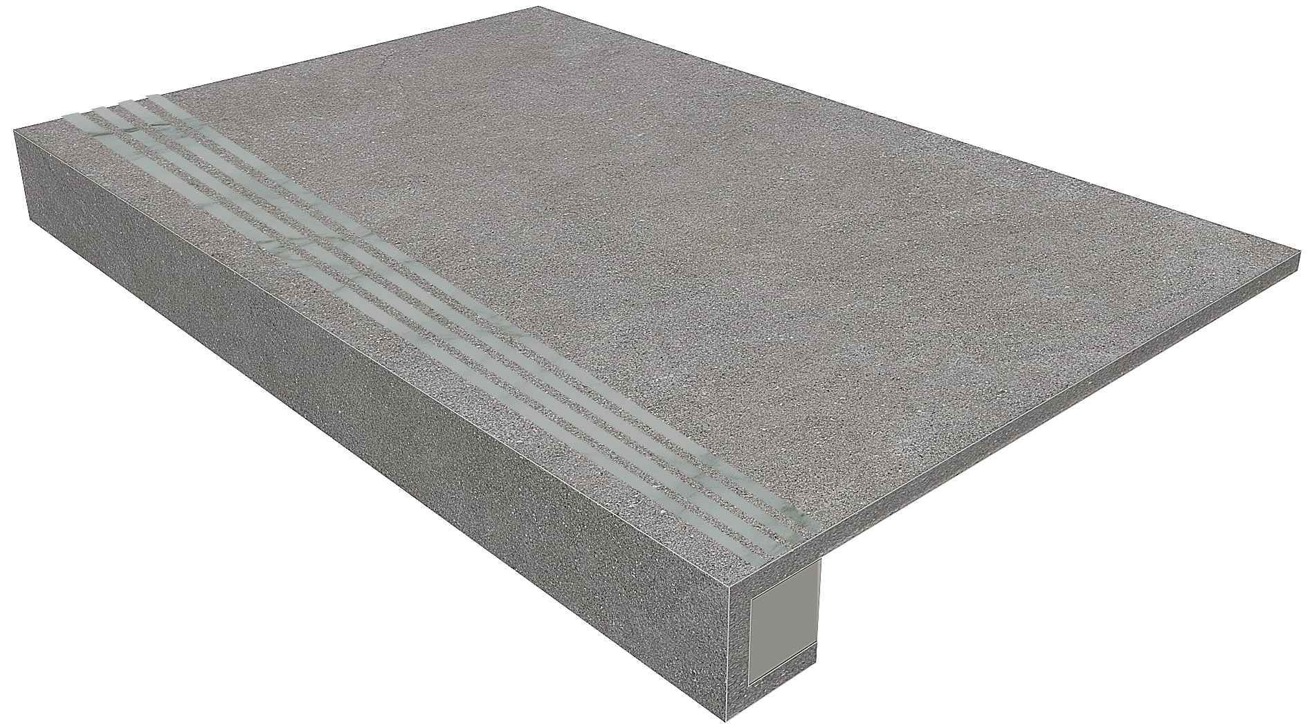 TE02 Terra Grey: ступень 330x1200 (прямоуг. бортик) с насечками+подступенок 145x1200 неполир. серый